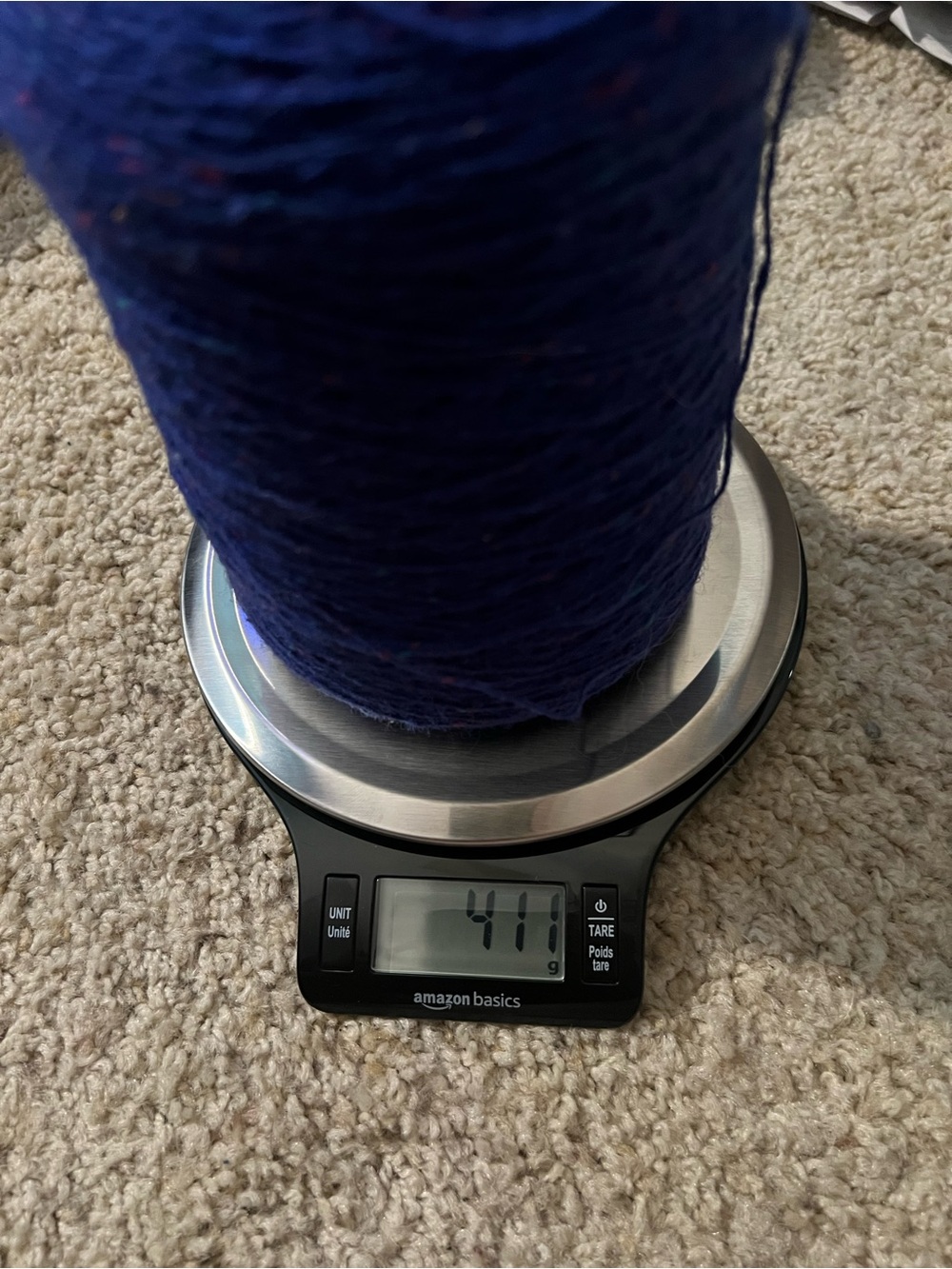 Bright Royal Blue Tweed Yarn Cone with Multicolor Flecks - Picture 3 of 3